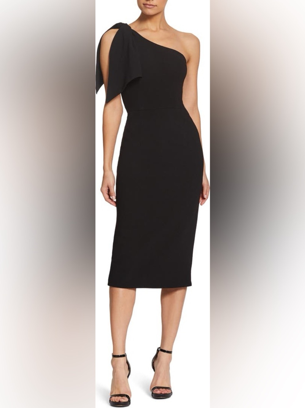 Dress the Population Tiffany Black One Shoulder Ribbon Midi Dress Small with Bow